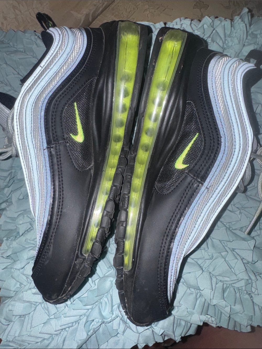 Nike Men's Air Max 97 Black with Neon Green and Light Blue Accents